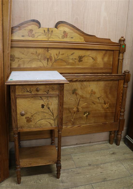 School of Nancy. A marquetry and pitch pine double bed and matching bedside table W.146cm W.39cm